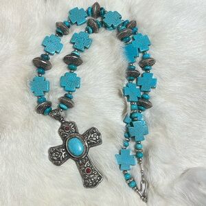 Tibetan Silver, Coral Turquoise Cross